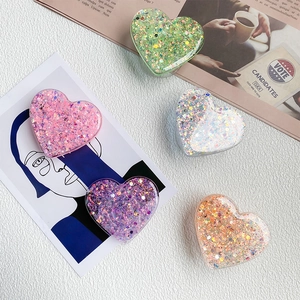 Heart Expanding Phone Grip Retractable Airbag Smartphone Stand Transparent Resin With Glitter Sequins Universal Socket Support