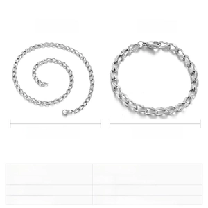 Detailansicht der Halskette und des Armbands aus Edelstahl mit Maßen und Gewichtsangaben