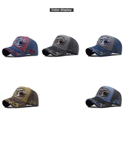 Detailed close-up showing five distressed cotton baseball caps with 3D shark embroidery