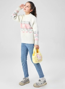 Plush unicorn handbag for girls featuring soft yellow fur and pink character embroidery