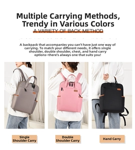 Detailed view of large-capacity nylon backpacks in grey, pink, and black colors