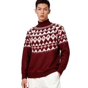 Men's slim fit turtleneck knit sweater with burgundy diamond geometric patterns