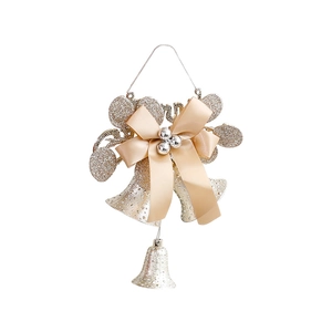 Champagne gold Christmas bell ornaments with ribbon bow and glitter leaf decorations