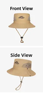 Detail of khaki sun hat featuring breathable mesh vents and adjustable windproof chin strap