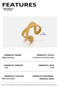 Detailed view of an 18K gold-plated stainless steel cross ring with weight and size data