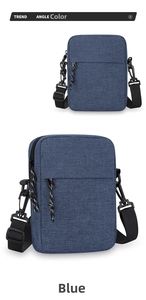 Detailed view of the blue crossbody bag featuring woven fabric and durable black zippers