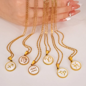 Stainless Steel 18K Gold Plated 12 Zodiac Signs Necklace For Women White Shell Inlaid Round Horoscope Pendant Jewelry