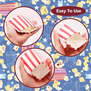 Red and white striped paper popcorn bags with easy-to-use three-step folding guide
