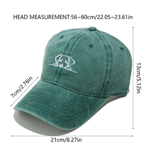 Size guide for dark green baseball cap with cute puppy embroidery and measurements