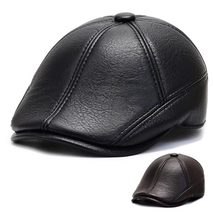Men Faux Leather Flat Cap Warm Winter Newsboy Hat With Earflaps Adjustable Fleece Lined Cabbie Casket Cap