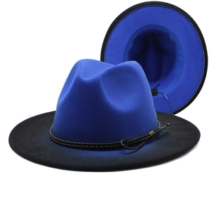 Cappello fedora in lana sfumato blu e nero con tesa larga e nastro intrecciato decorativo