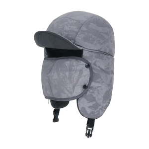 Winter thermal trapper hat with grey camo pattern, ear flaps and windproof face mask