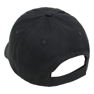 Rear view of black children's baseball cap with adjustable hook and loop fastener