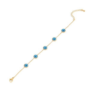 Gold evil eye necklace set with blue enamel pendants on a minimalist stainless steel chain