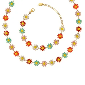 Colorful Enamel Daisy Jewelry Necklace And Bracelet Stainless Steel 18K Gold Plated Floral Sweet Pastoral Style For Women