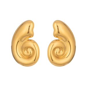 Close-up of golden spiral conch shell earrings with a polished metallic finish
