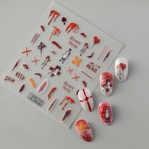 Vue détaillée des autocollants 5D gaufrés zombie infirmière avec motifs de sang et cœur