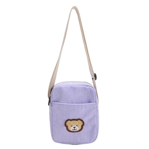 Purple corduroy bear crossbody bag for kids and students with cute cartoon embroidery