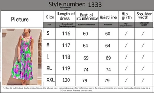 Detailed size chart for sleeveless floral print maxi dress including S to XXL dimensions