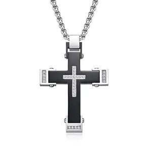 Stainless Steel Cross Pendant Necklace With Zircon Punk Gothic Two-Tone Jewelry For Men And Women