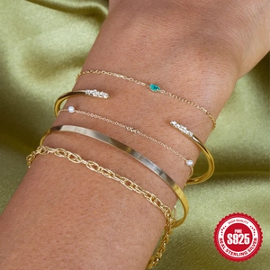 Elegant set of five gold-plated S925 sterling silver bracelets with green zircon and pearls