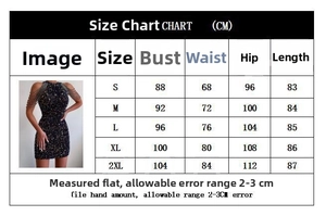 Size chart for halter sequin dress with bust, waist, and hip measurements in cm