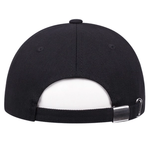 Rear view of black cotton baseball cap showing adjustable strap and silver metal buckle