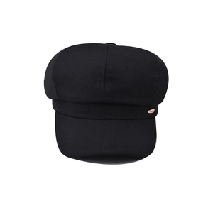 Classic black octagonal newsboy hat in durable twill fabric with gold metal accent