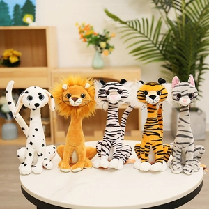 Realistic long-necked plush animals including lion and tigers in a bright living room