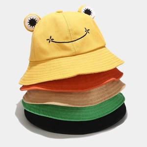 Colorful cotton fisherman hats featuring a cute purple frog design in multiple colors