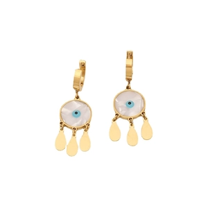 Golden hoop earrings featuring blue evil eye charms and three dangling teardrop accents