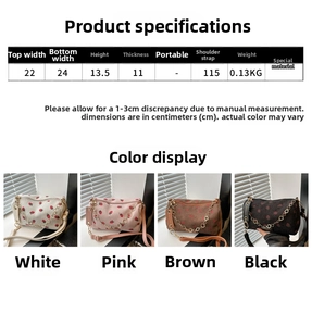 Detailed size specifications and color options for the corduroy strawberry barrel bag