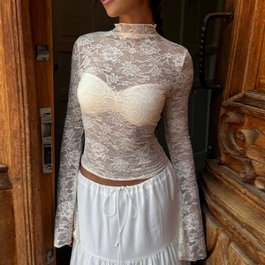 T-Shirt En Dentelle Pour Femmes Manches Longues Col Montant Transparent Crochet Floral Sexy Streetwear Top