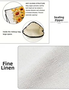 Detail of linen makeup bag showing durable anti-slip zipper and sunflower print texture