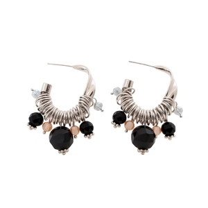 Vintage silver C-shaped hoop earrings with black glass tassels in bohemian style