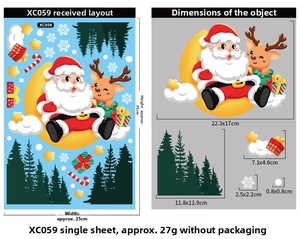 Detailed size chart for Christmas window stickers featuring Santa Claus and reindeer motifs