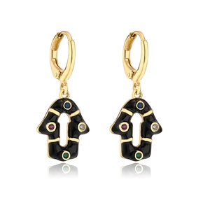 Detail of 18K gold plated Hamsa hand pendant earrings with colorful zircon stones