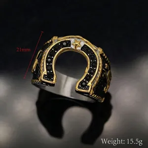 Two-tone stainless steel horseshoe ring for men with black crystals and embossed details