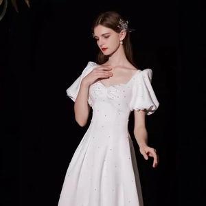 Elegant French white satin engagement dress with puff sleeves and pearl bead embellishments