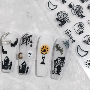 5D stereoscopic Halloween nail art stickers with bats and castles on marble background