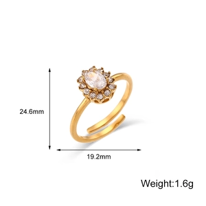 Adjustable 18K gold plated stainless steel ring with oval white zircon and dimensions