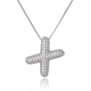 Detailed view of silver cross pendant with white zircon stones and matching box chain