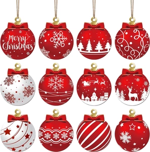 12pcs Christmas wooden round hanging ornaments set with red and white festive patterns