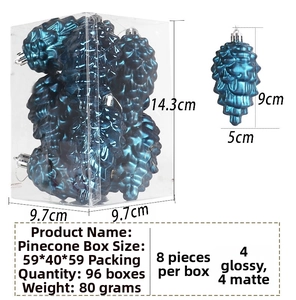 Detail of 9cm blue pinecone Christmas ornaments in glossy and matte plastic finishes