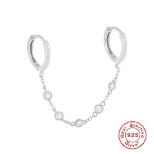 S925 sterling silver double hoop chain earrings with five sparkling cubic zirconia stones
