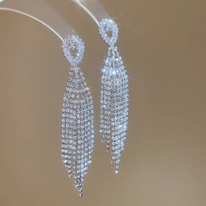 Macro detail of silver tassel earrings with sparkling rhinestones on an acrylic stand