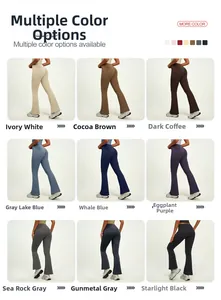 Collage of high-waisted flare yoga leggings showing nine different colors for women