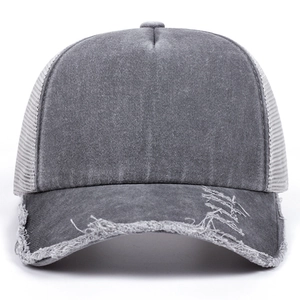 Detail of dark gray washed denim baseball cap with mesh back and distressed brim