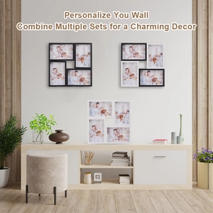 Modern living room wall decor featuring a collage of black and white 4-photo multi-frames