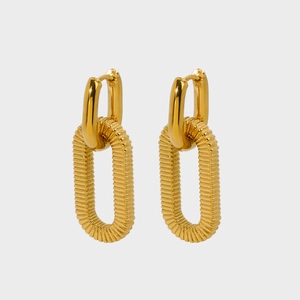 Modern 18k gold plated stainless steel square hoop earrings with textured stripe detail